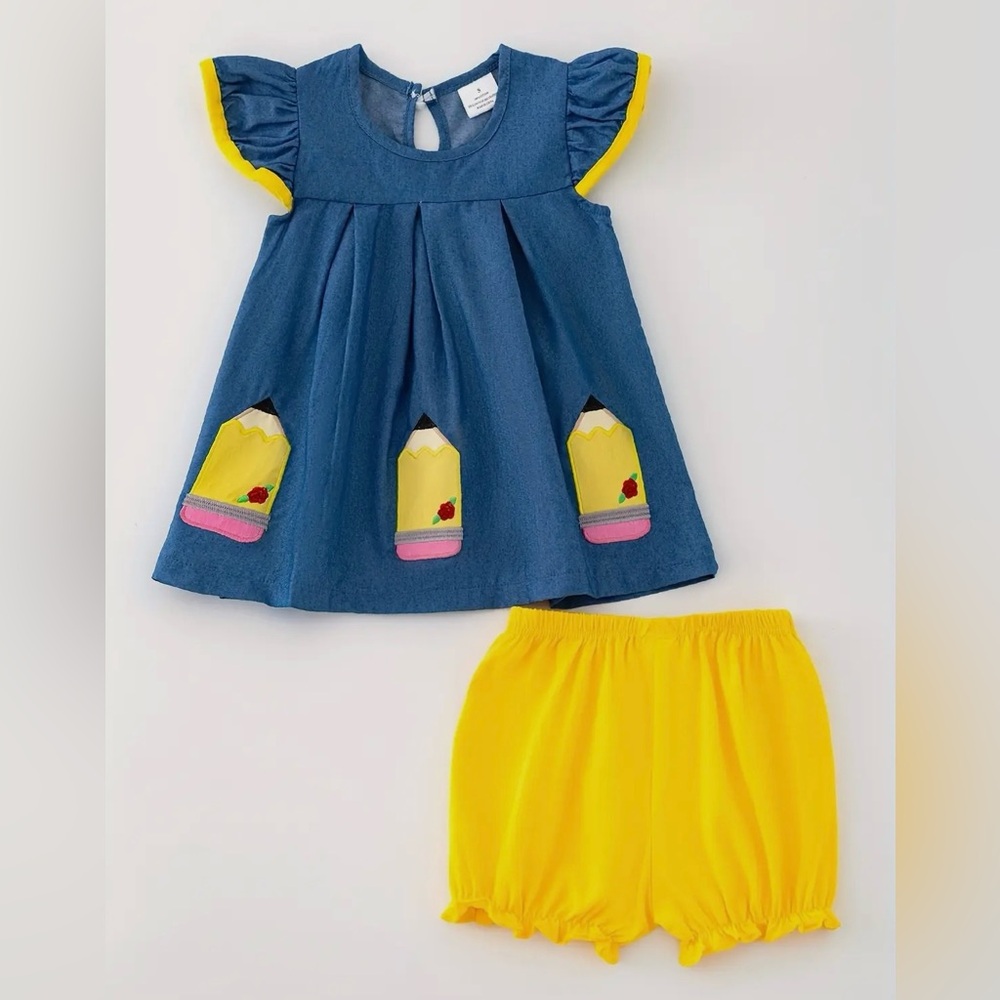 NEW Girls Back to School Fall Season Pencil Appliqué Two Piece Short Set